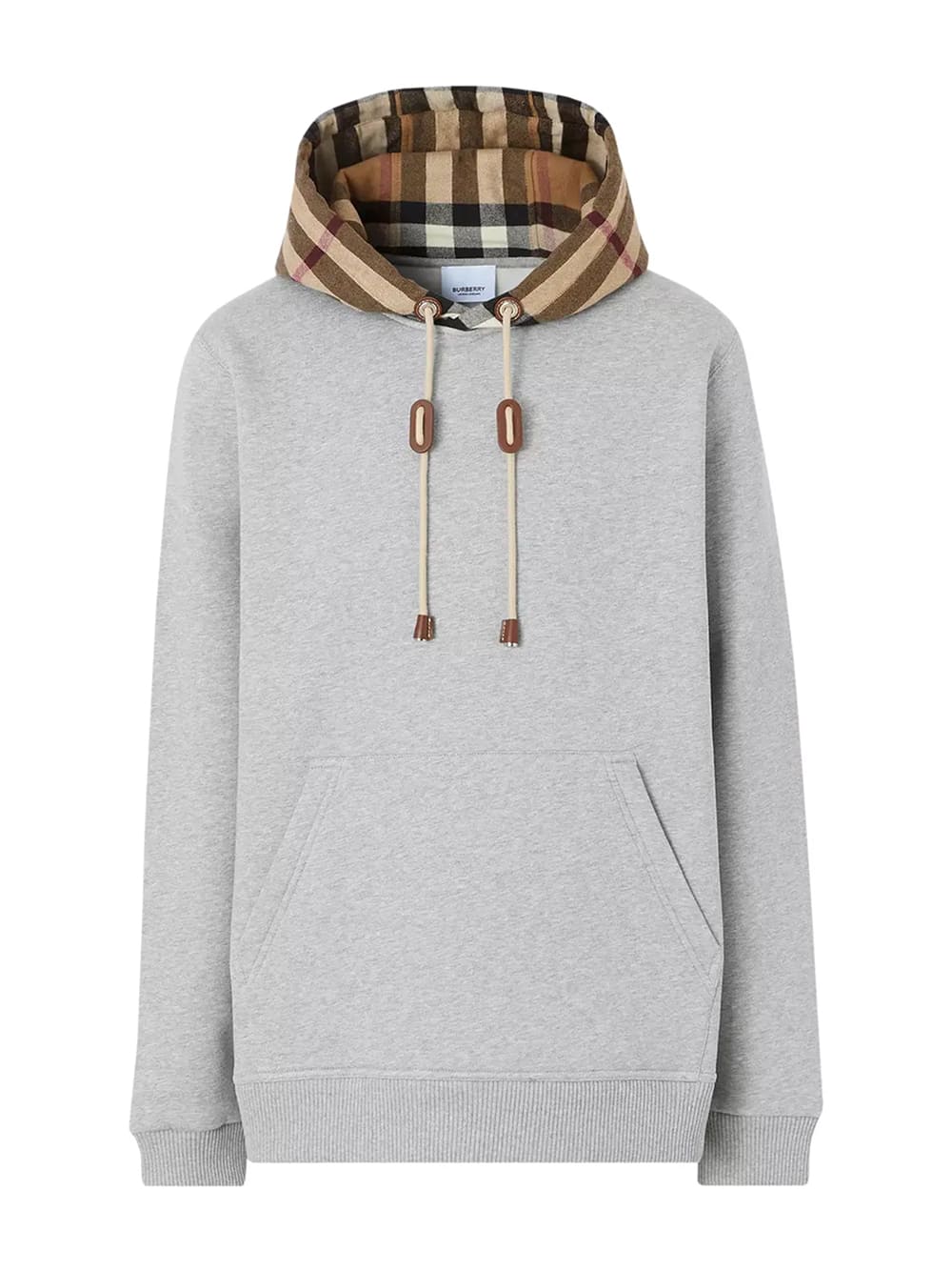 Burberry Check Trim Hooded Cotton Sweatshirt Gray