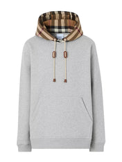 Burberry Check Trim Hooded Cotton Sweatshirt Gray