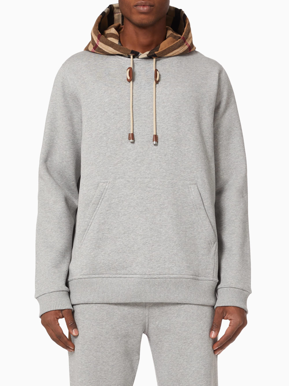 Burberry Check Trim Hooded Cotton Sweatshirt Gray