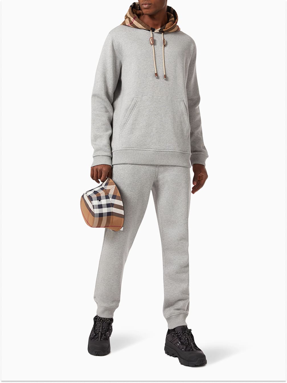 Burberry Check Trim Hooded Cotton Sweatshirt Gray