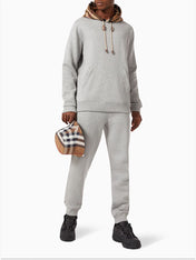 Burberry Check Trim Hooded Cotton Sweatshirt Gray