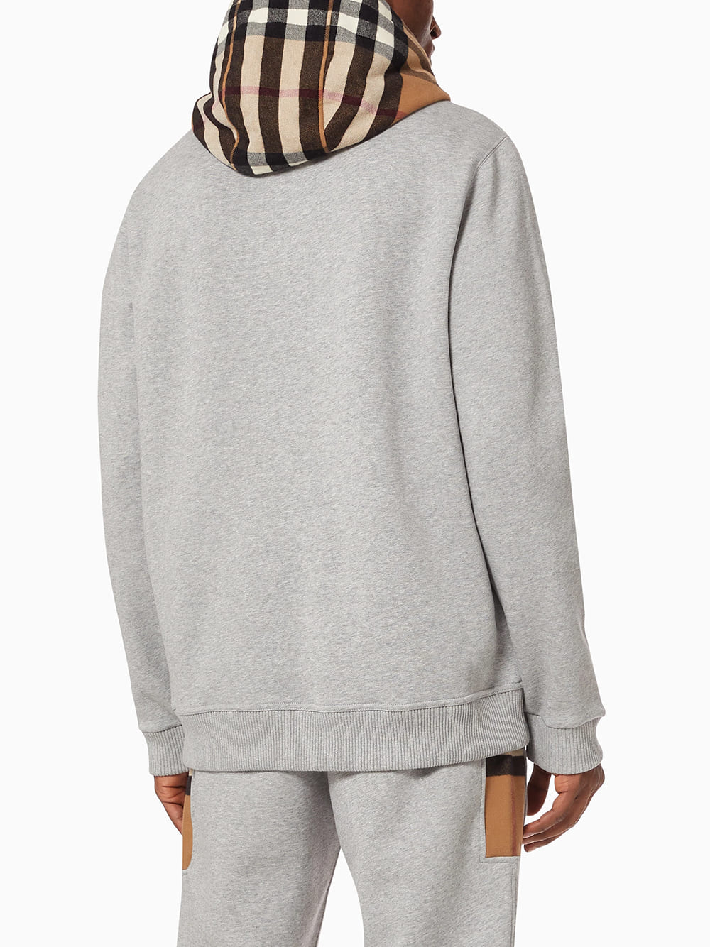 Burberry Check Trim Hooded Cotton Sweatshirt Gray