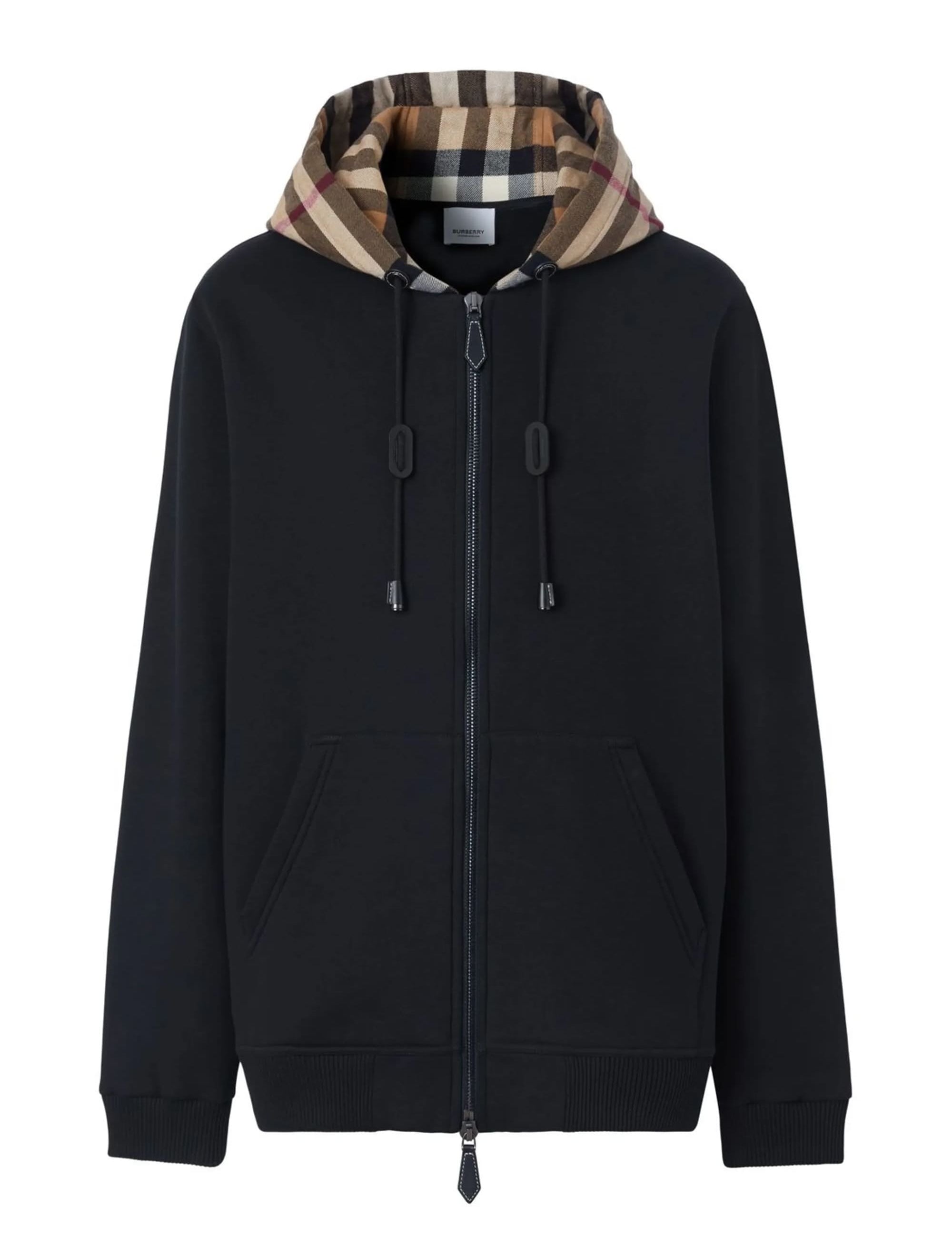 (Pre-Order 4 Weeks) Burberry Check Trim Zip-Up Hooded Cotton Sweatshirt Black