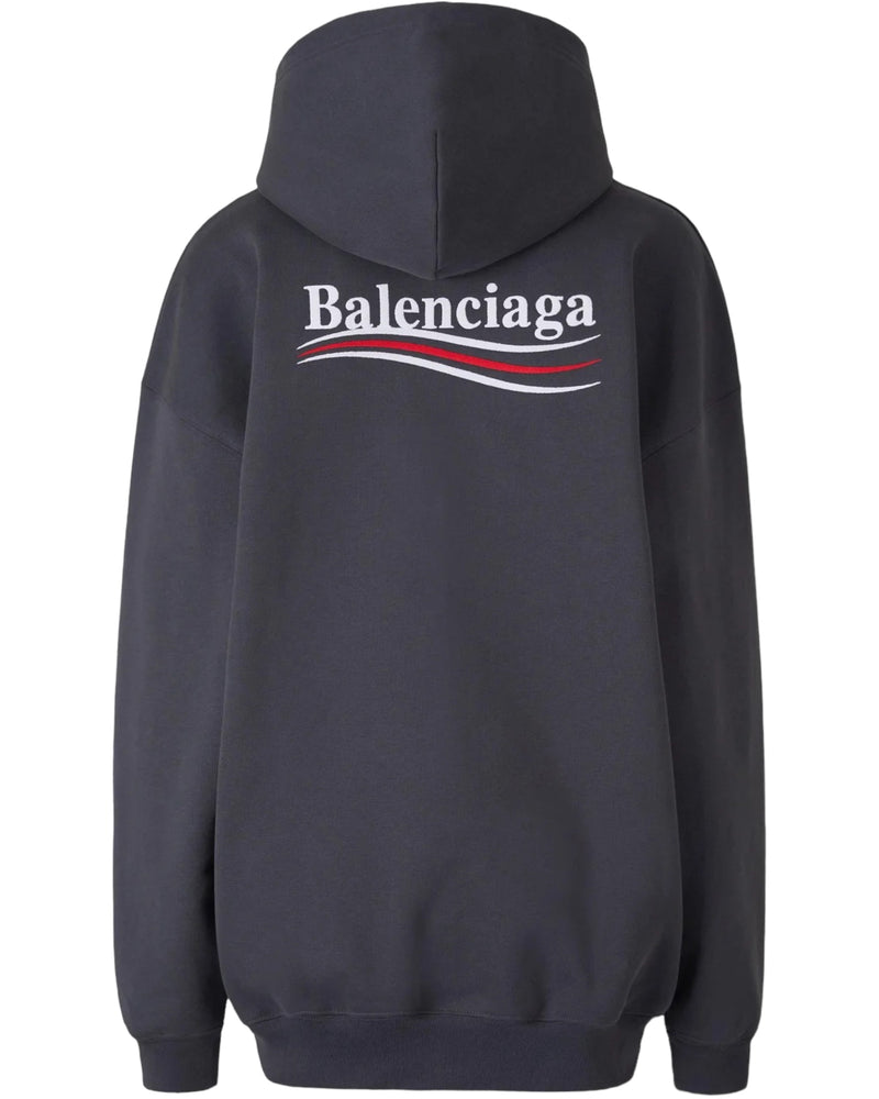 Balenciaga Logo Embroidered Drawstring Hoodie Charcoal Grey